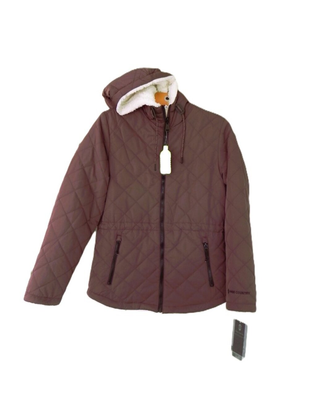 NWT Free Country Quilted Hooded Sherpa Lined Jacket - Brown - XS